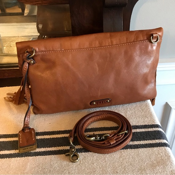 Frye Heidi Leather Fringe Cognac Brown Crossbody Clutch Bag Retail $298 - Picture 2 of 13